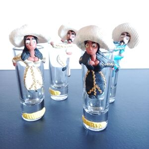 Mexican Puebla Tall Shot Glasses with Handmade Clay Figures Novelty Barware (4)